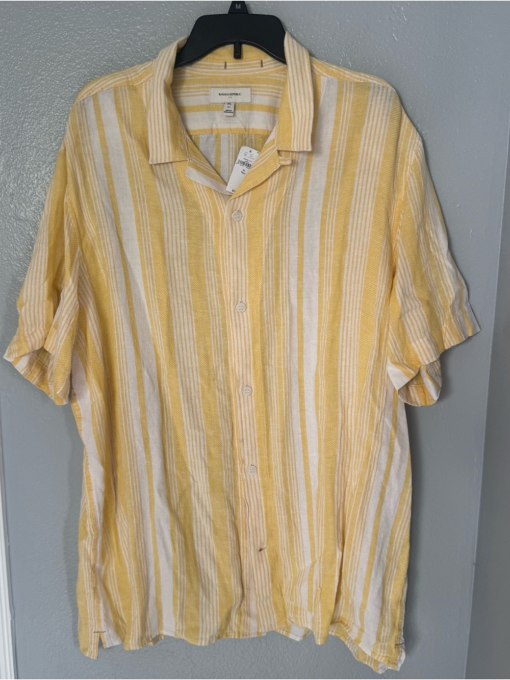 Banana Republic Yellow & White Vertical Stripe Short-Sleeve Button Shirt XL Tall